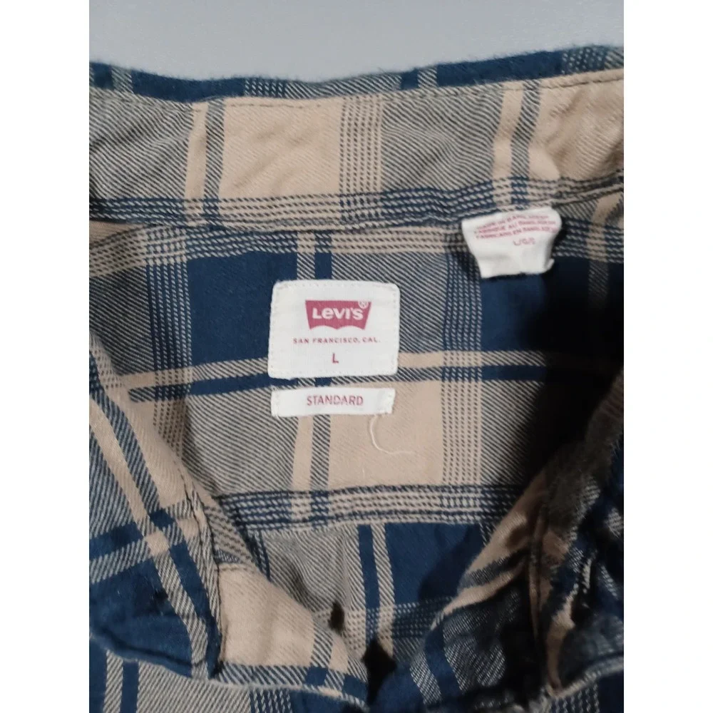 Levis Shirt Mens L Blue Tan Plaid Button Up Long‎ Sleeve Standard Fit